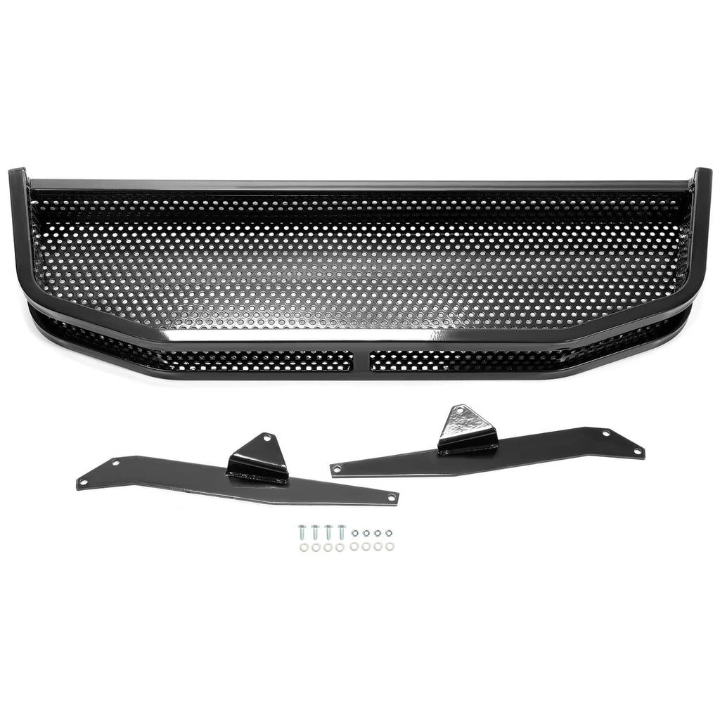 Perforated black front basket panel with mounting brackets and included hardware