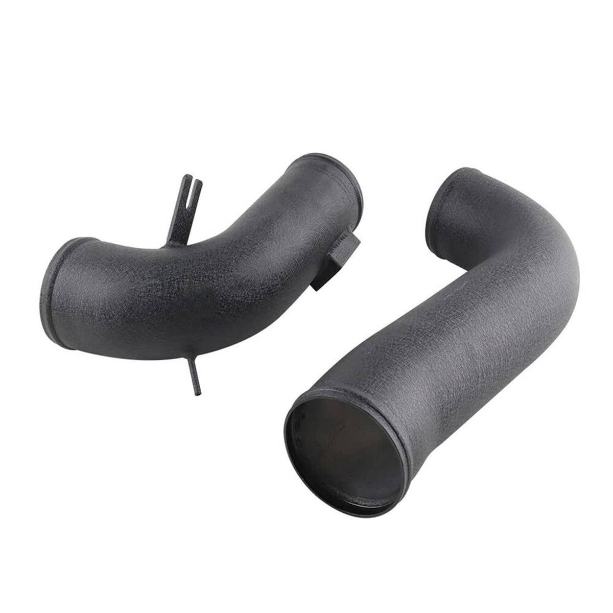Two black intake hoses with molded bends and small mounting stems