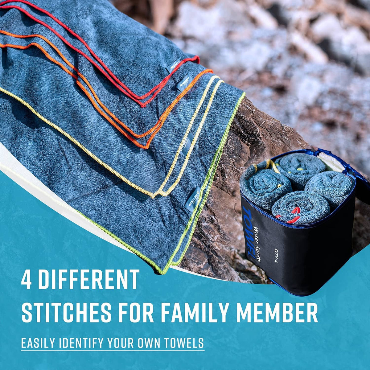 Folded microfiber towels with multicolor zigzag trim, packed in a travel bag