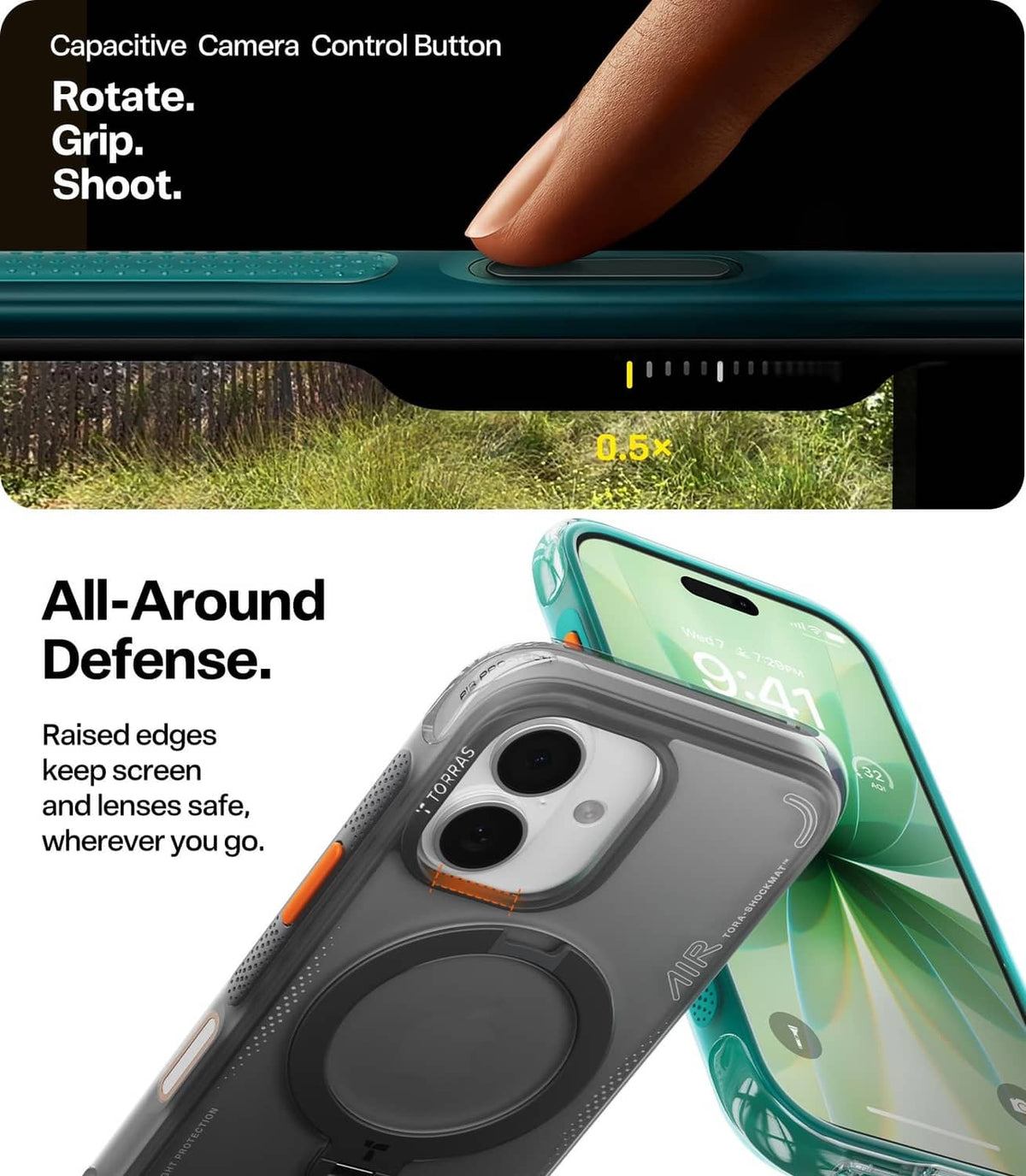 Teal phone case with raised edges and circular stand for camera and screen