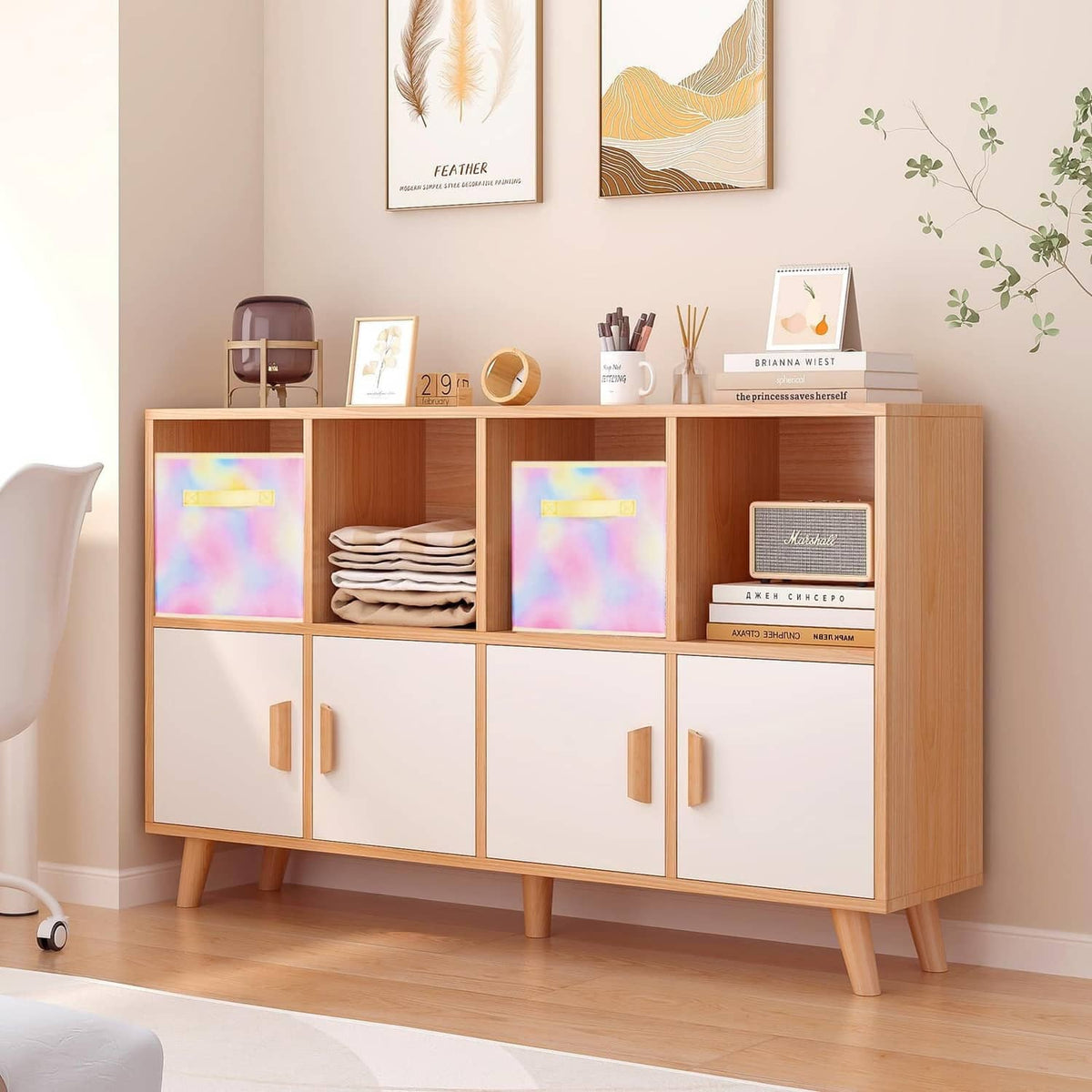 Sideboard cabinet with pastel tie-dye foldable fabric cube storage bins