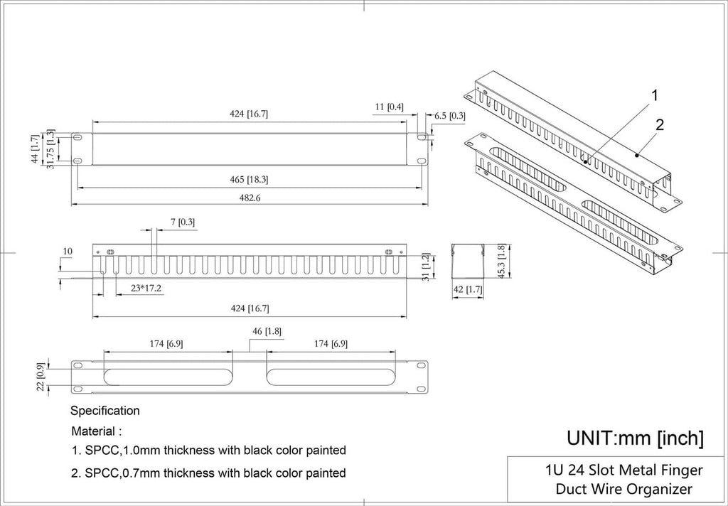 1U metal finger duct cable manager layout diagram with mounting hole positions