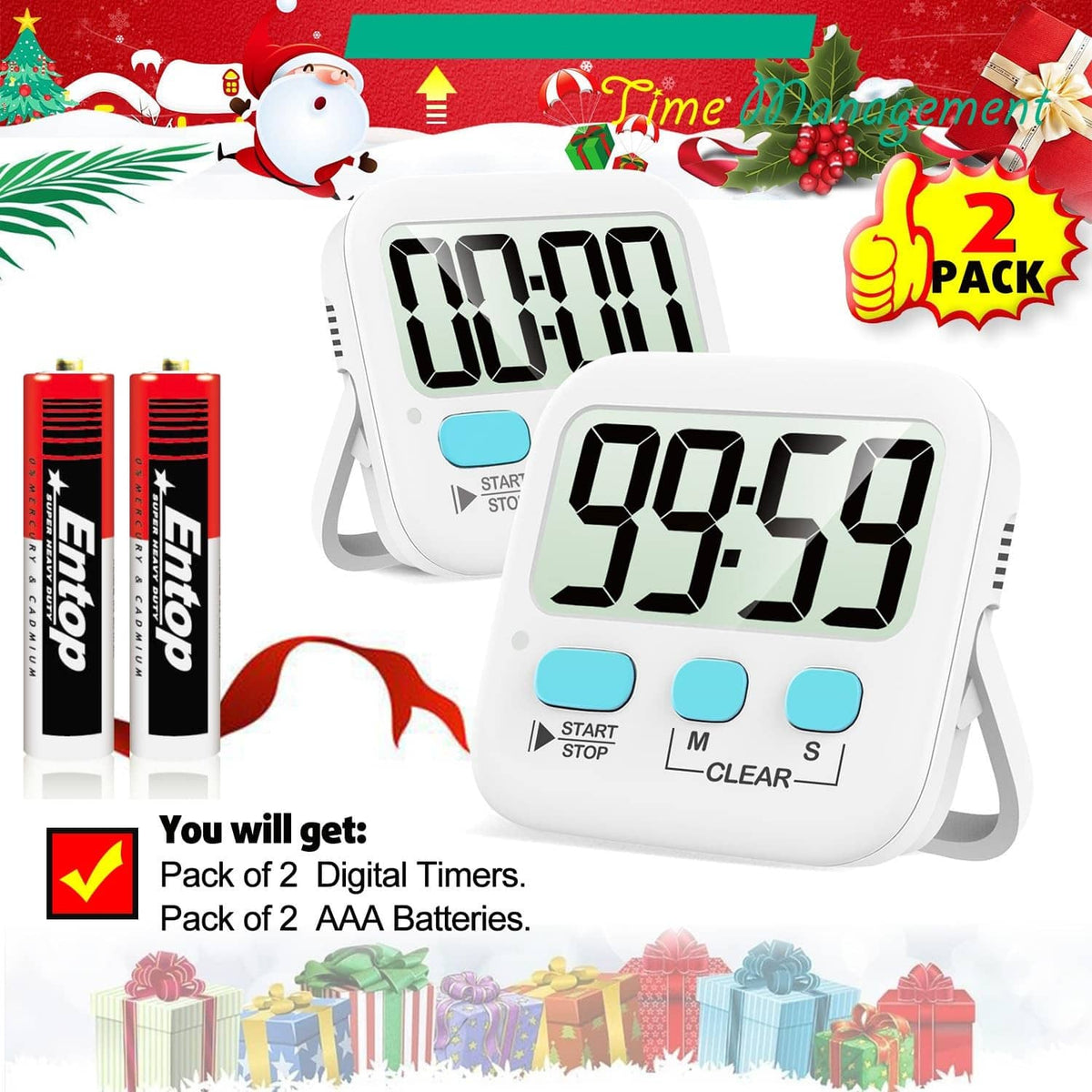 Two-pack white digital countdown timers with 00:00 and 99:59 displays, start/stop buttons