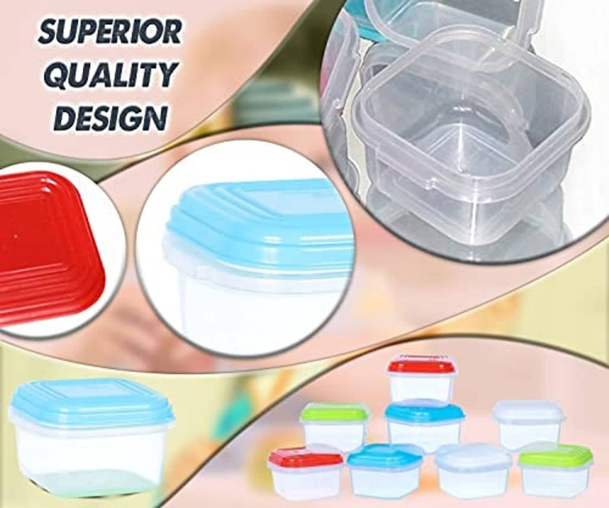 Clear reusable baby snack containers with blue lids and matching bases