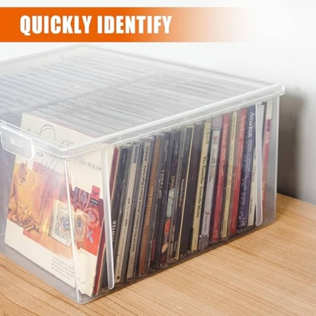 Stackable clear plastic CD storage box with hinged lid; CDs visible through front panel
