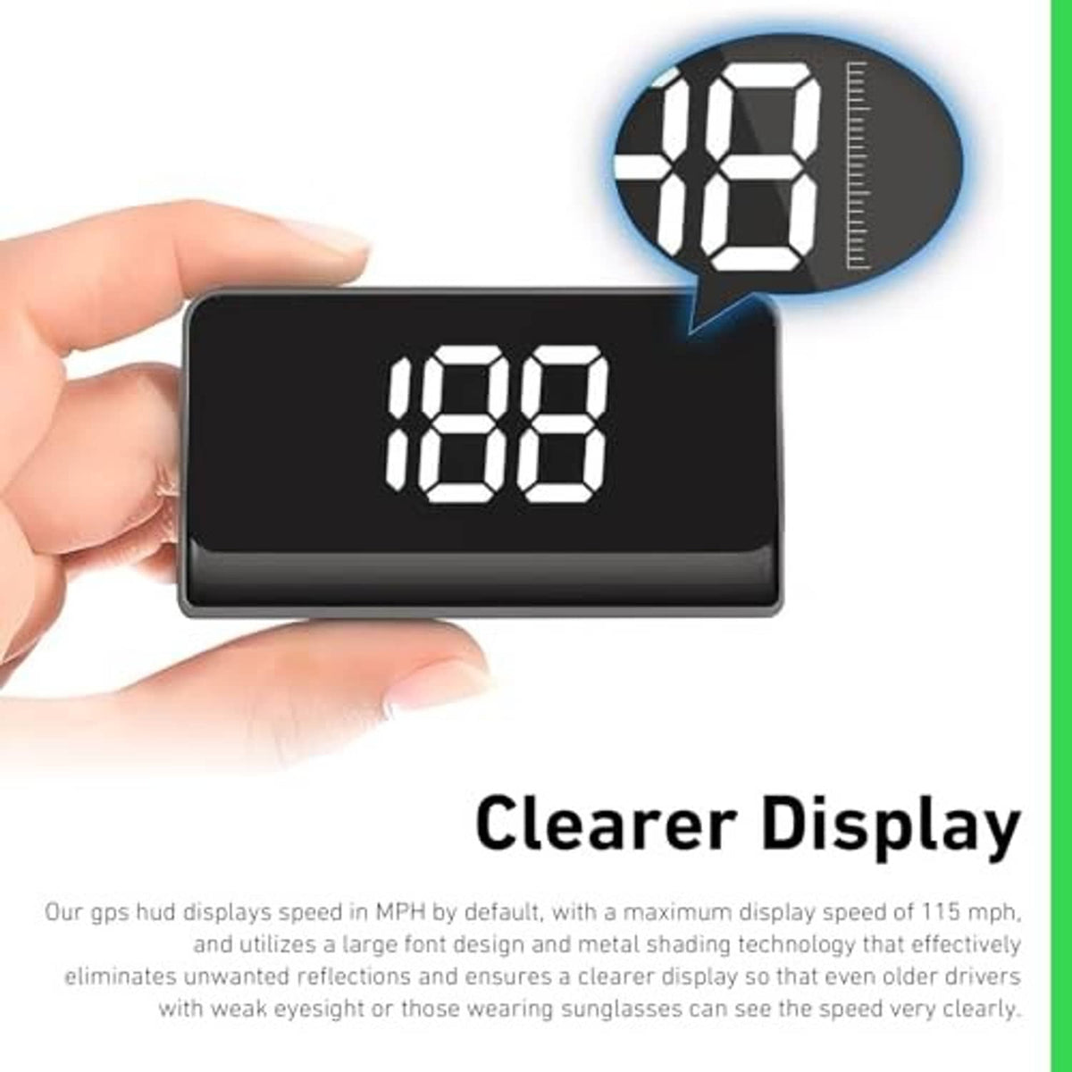 Hand holding car HUD with white digital speed readout on dark screen