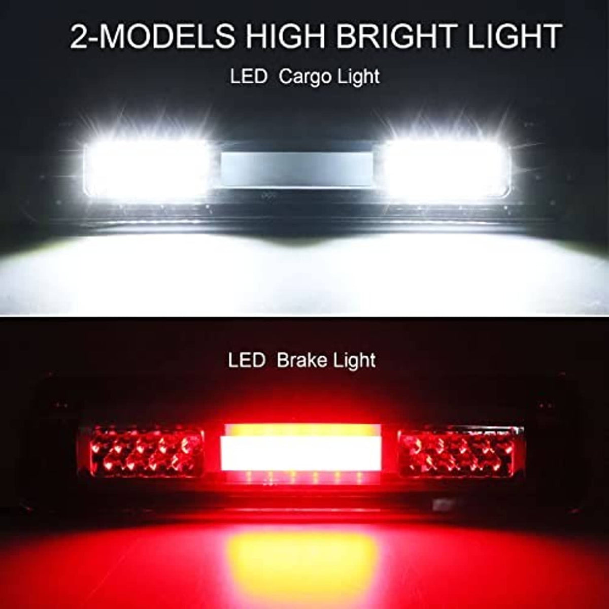 Third brake LED light showing red brake glow with bright white side LEDs in black housing