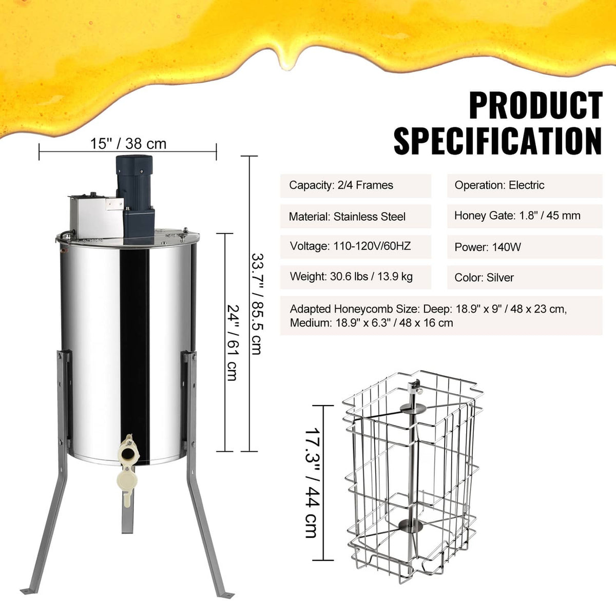 Electric honey extractor, stainless steel tank with tripod stand and central honey gate