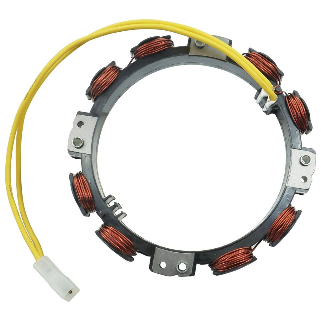 Alternator stator with black ring, copper coils, and white connector plugs