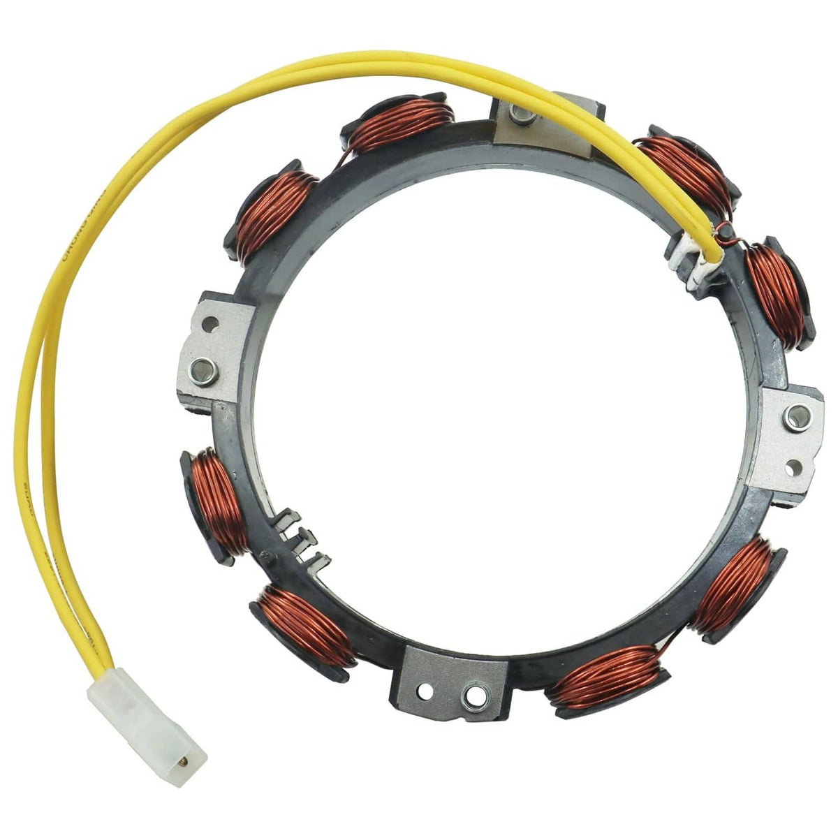 Alternator stator with black ring, copper coils, and white connector plugs