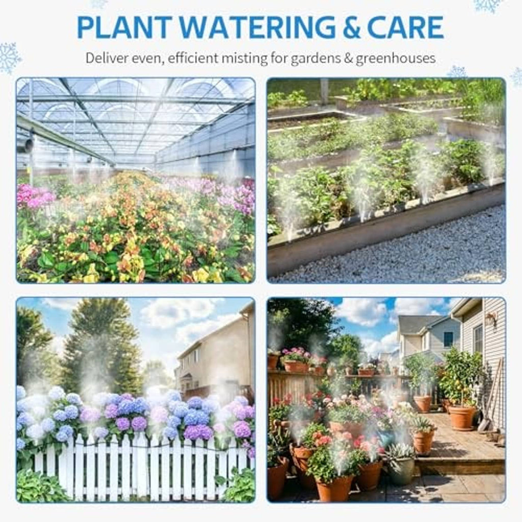 Garden misting setup with spray line watering plants and greenhouse