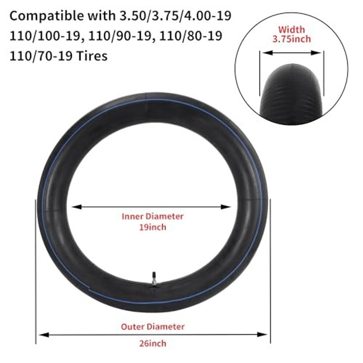 Motorcycle inner tube with diameter and width size diagram, black with blue stripe