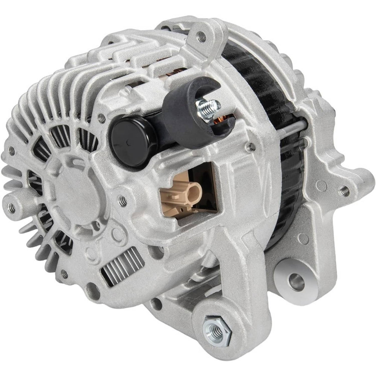 Silver alternator with vented housing and electrical connector opening