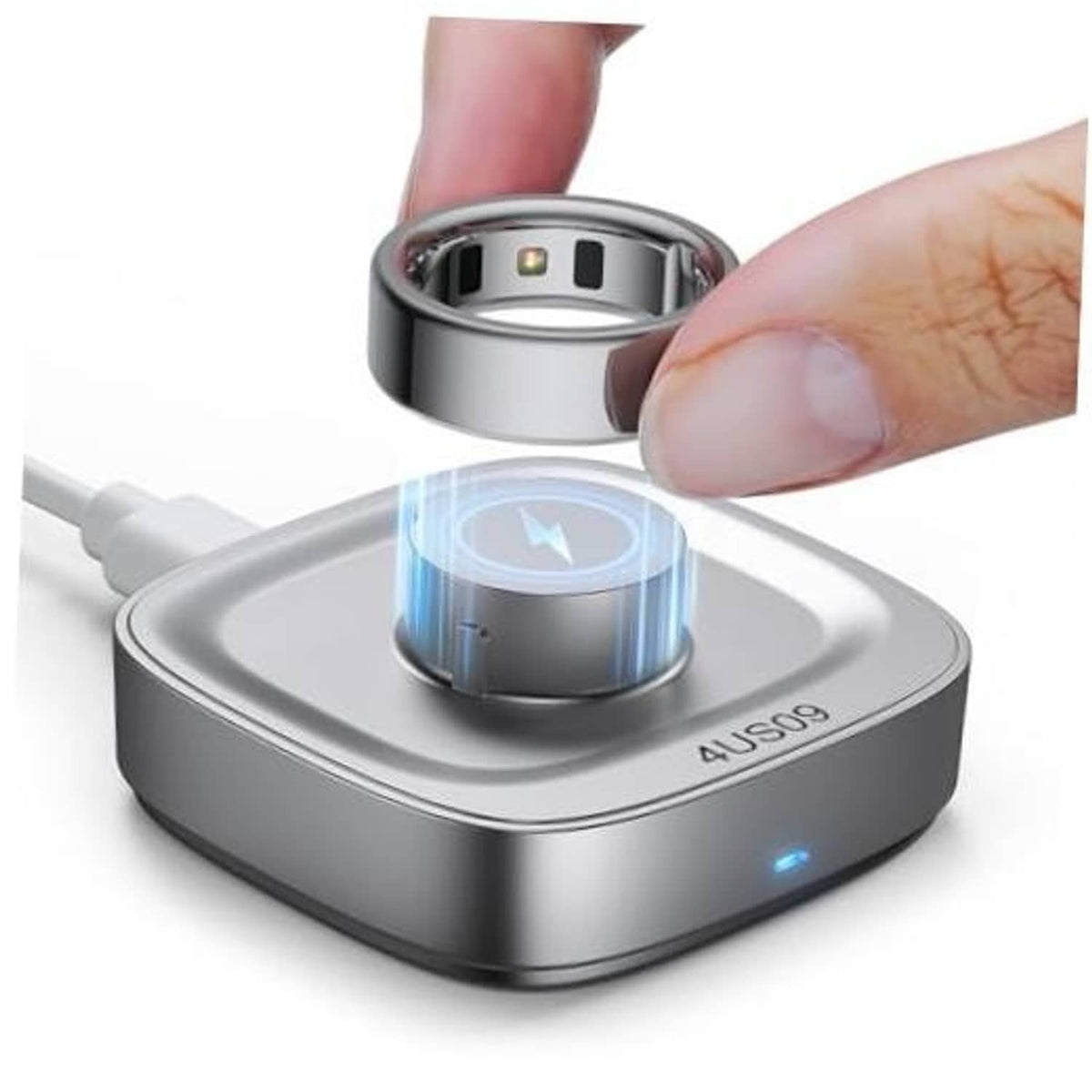 Light silver ring charging dock with ring cradle and blue LED indicator