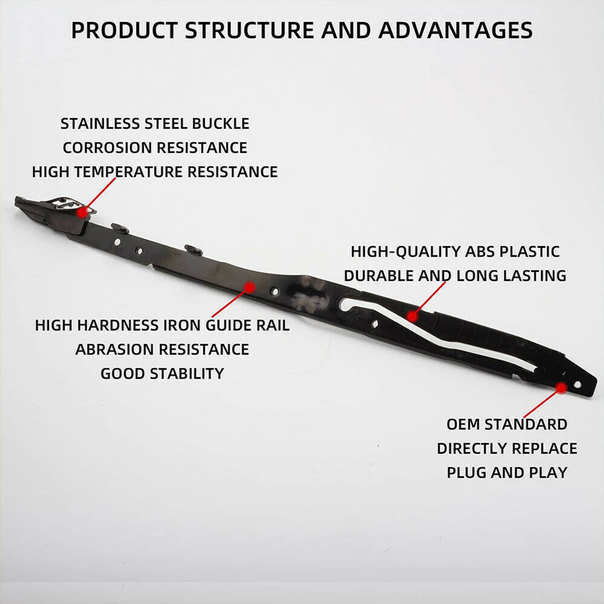 Black sunroof guide rail bar with mounting holes and bracket tabs