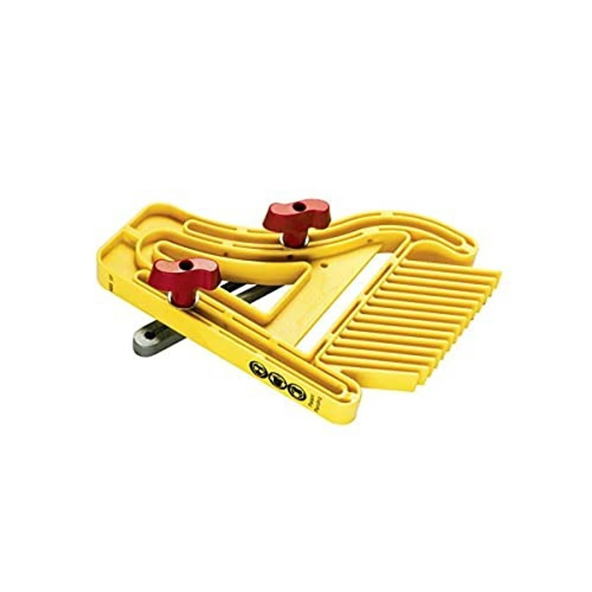Yellow feather board jig with two clamp heads and slotted fence