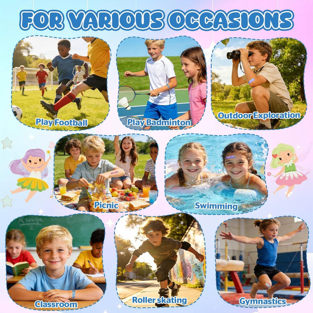 Kids wearing cartoon bandages for sports, swimming, classroom and outdoor play