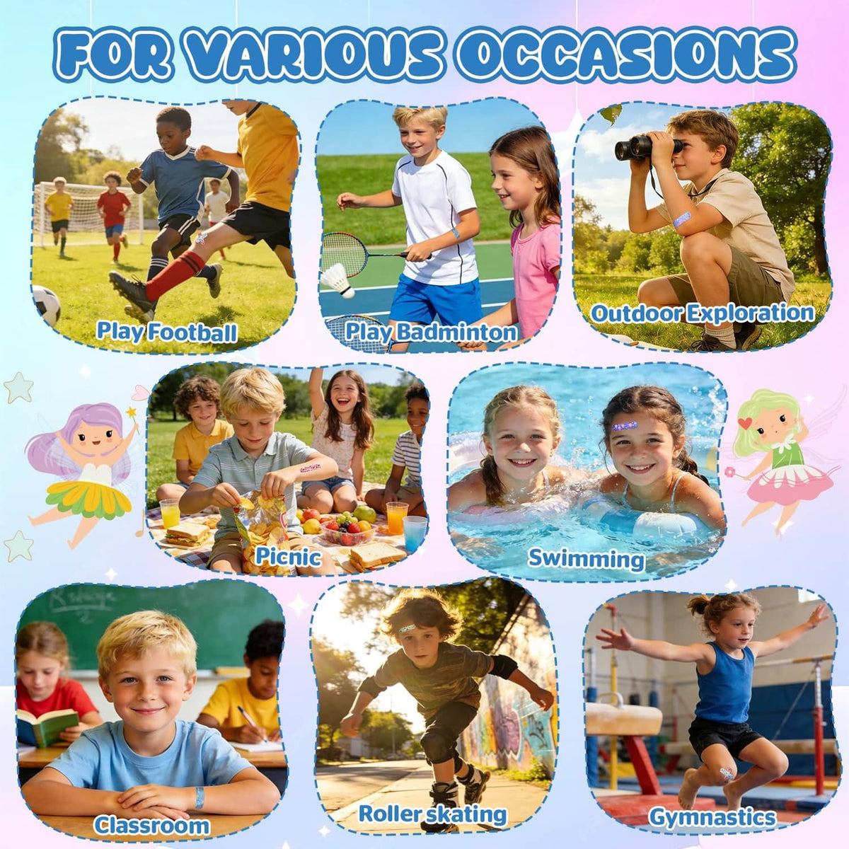 Kids wearing cartoon bandages for sports, swimming, classroom and outdoor play
