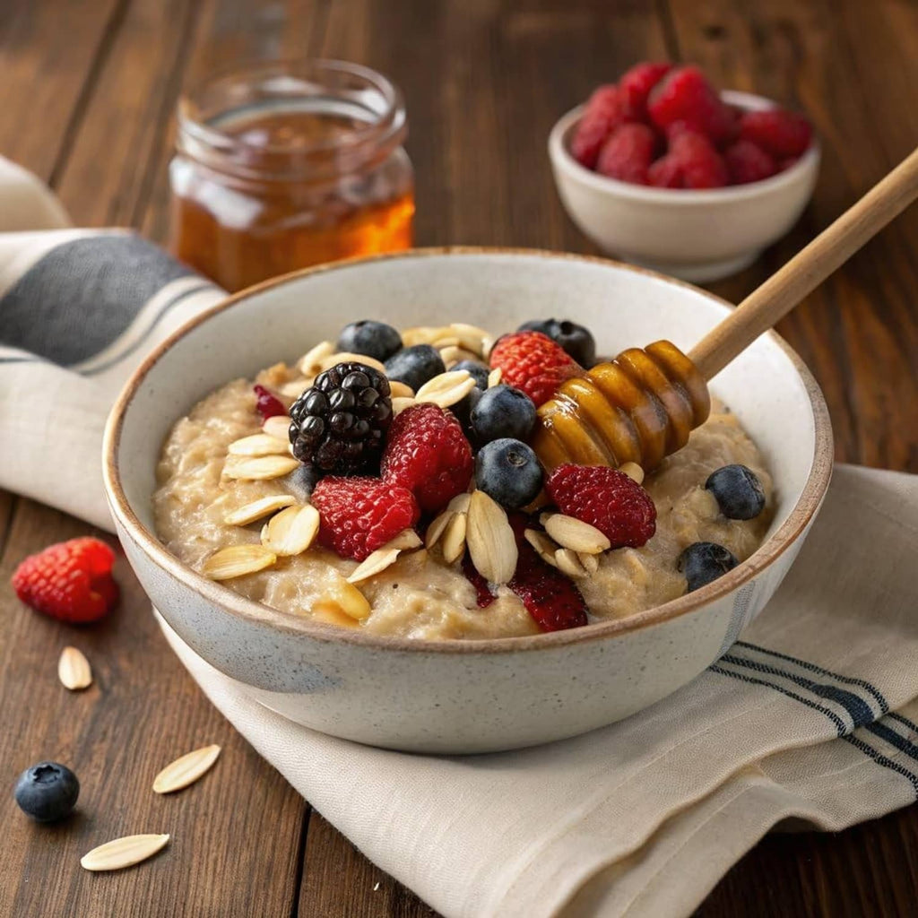 Steel cut oatmeal bowl topped with blueberries, raspberries, blackberries, and honey dipper