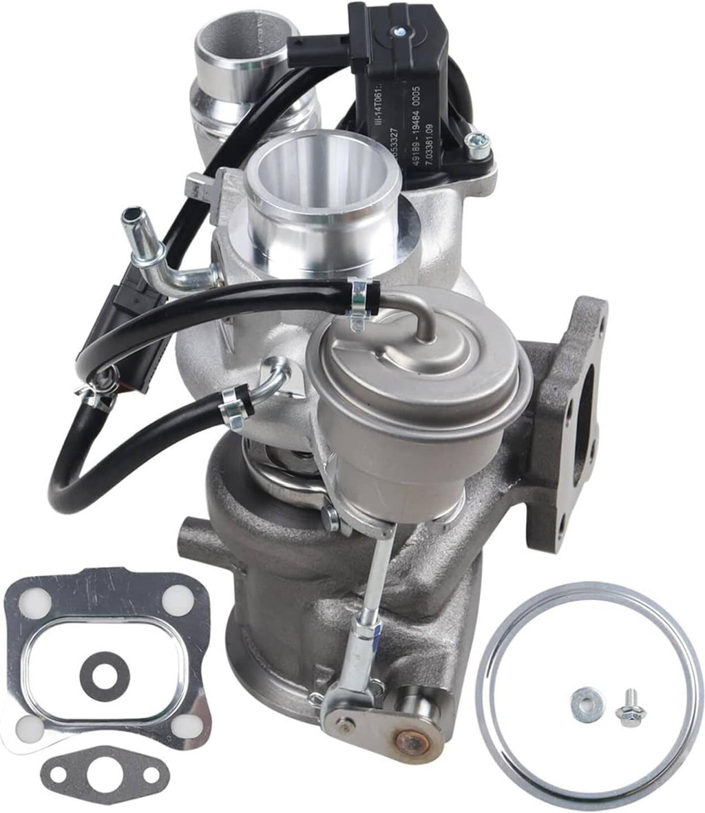 Turbocharger assembly with silver canister and vacuum-style valve, plus gasket parts