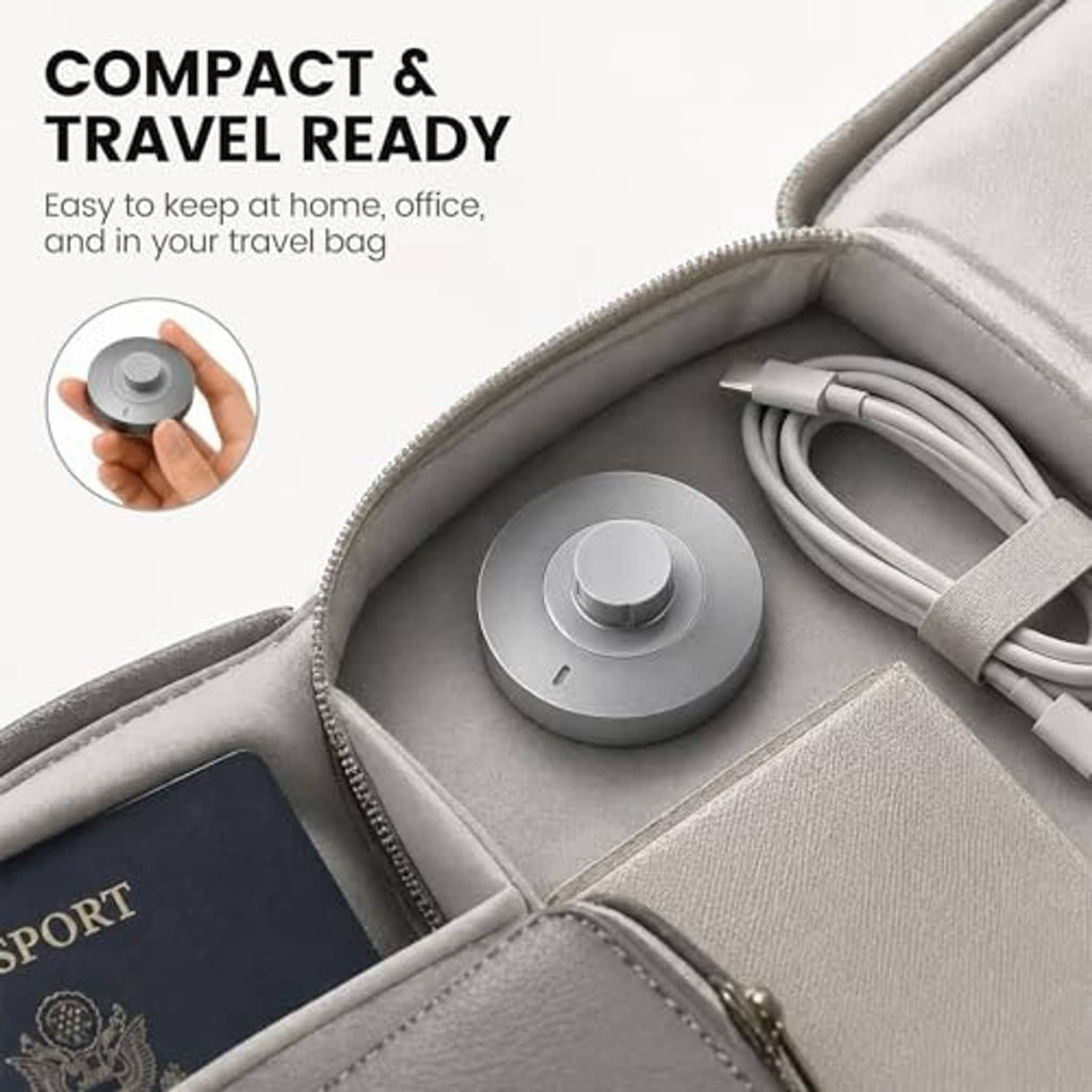 Travel-ready smart ring charging dock in zip pouch with cables, gray base