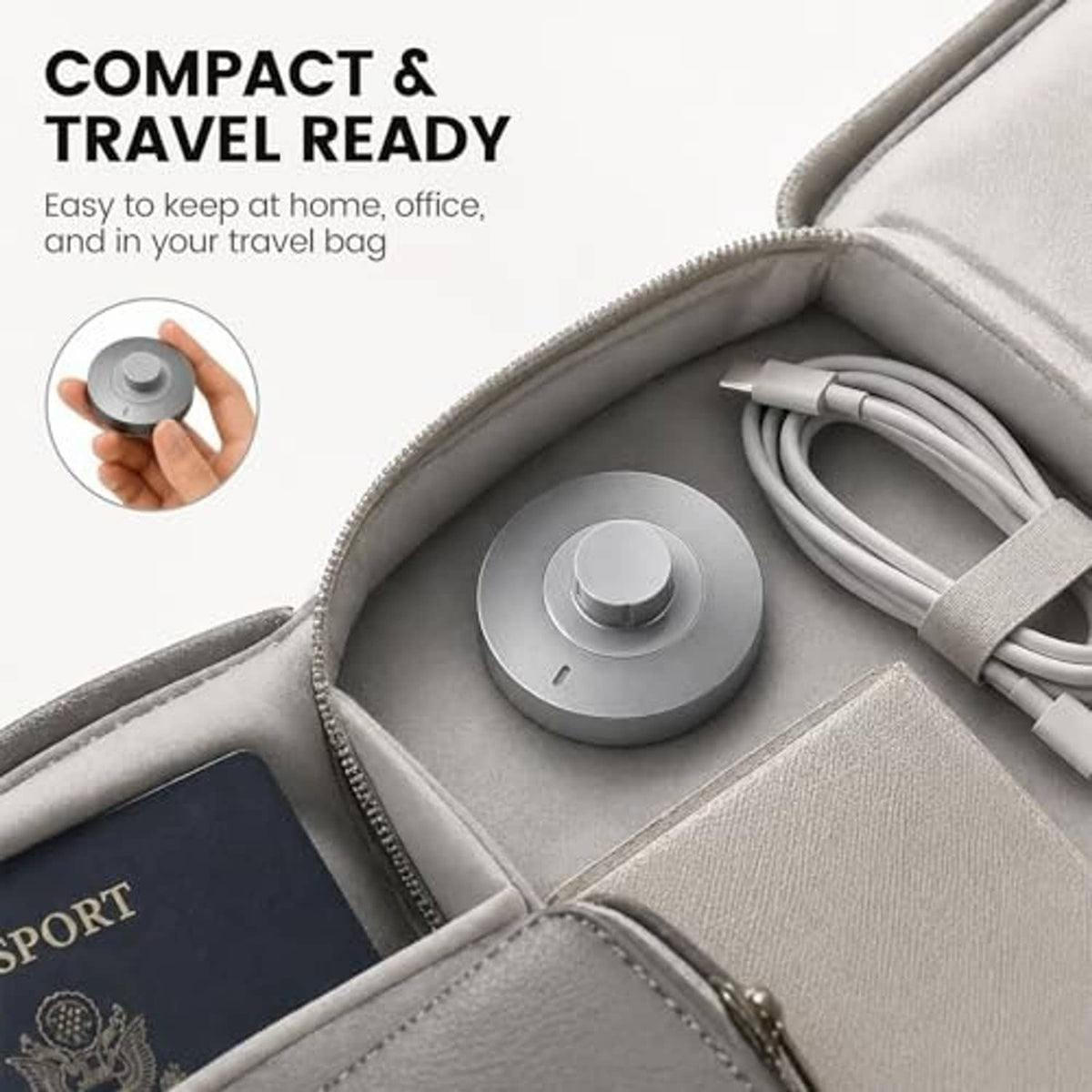 Travel-ready smart ring charging dock in zip pouch with cables, gray base