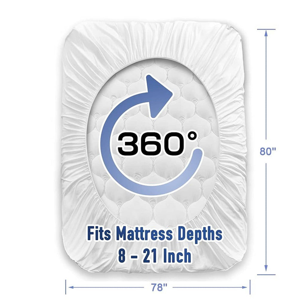 White king mattress pad with 360° stretch fit, designed for 8–21 inch depths