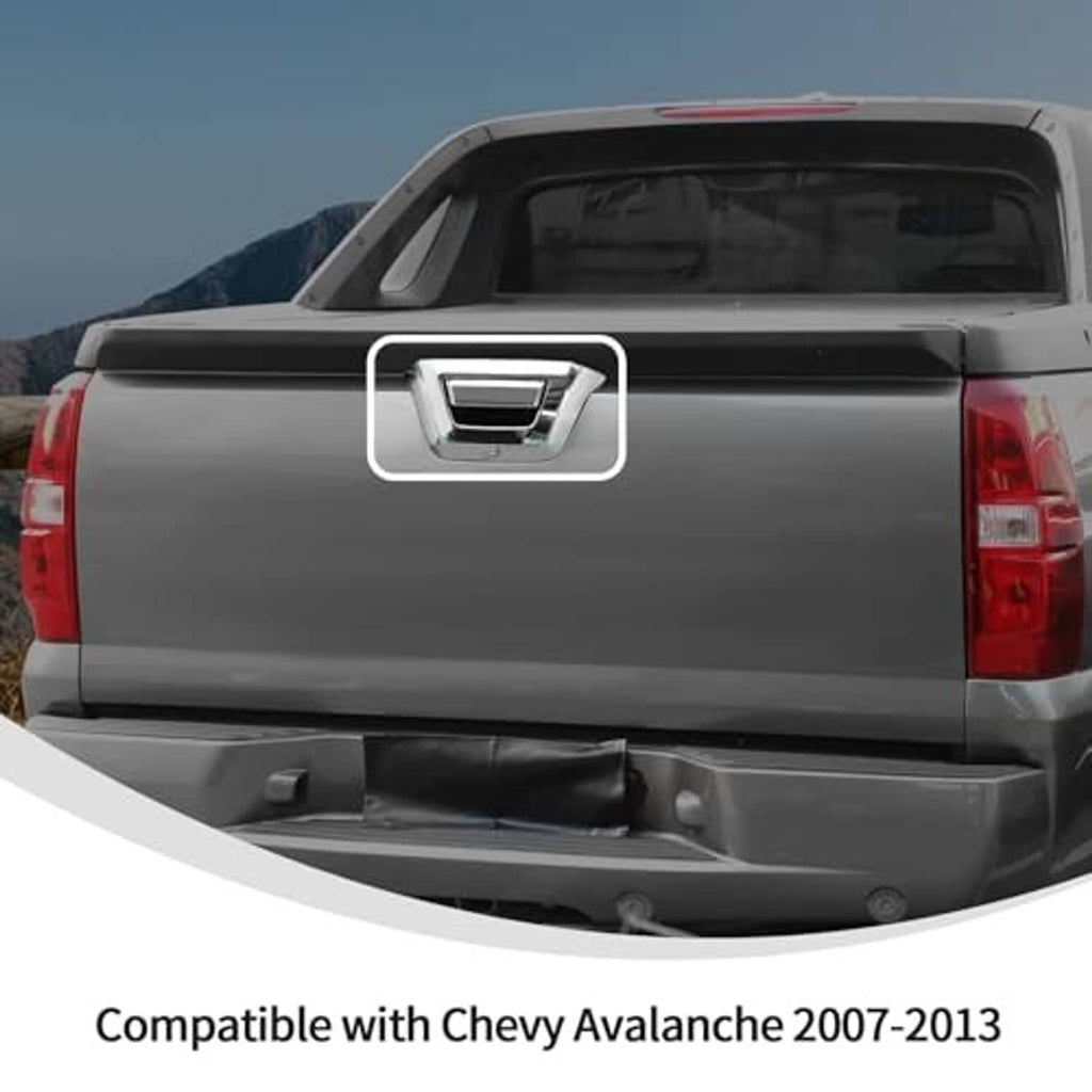 Chrome tailgate handle cover on rear tailgate, bezel with black insert