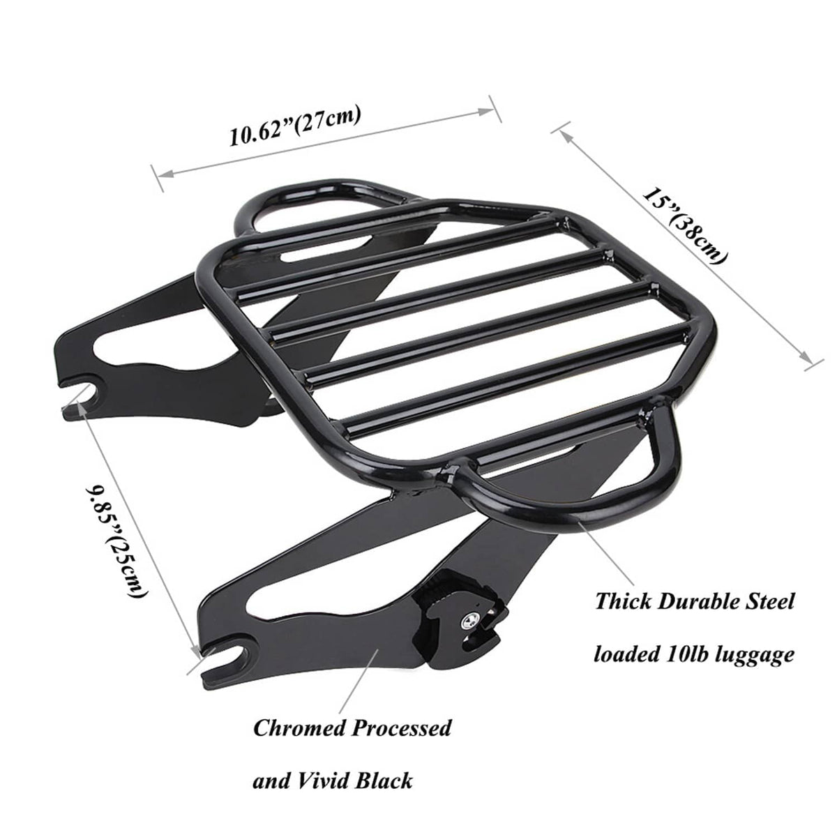 Black steel luggage rack with backrest mount brackets and durable padded backrest