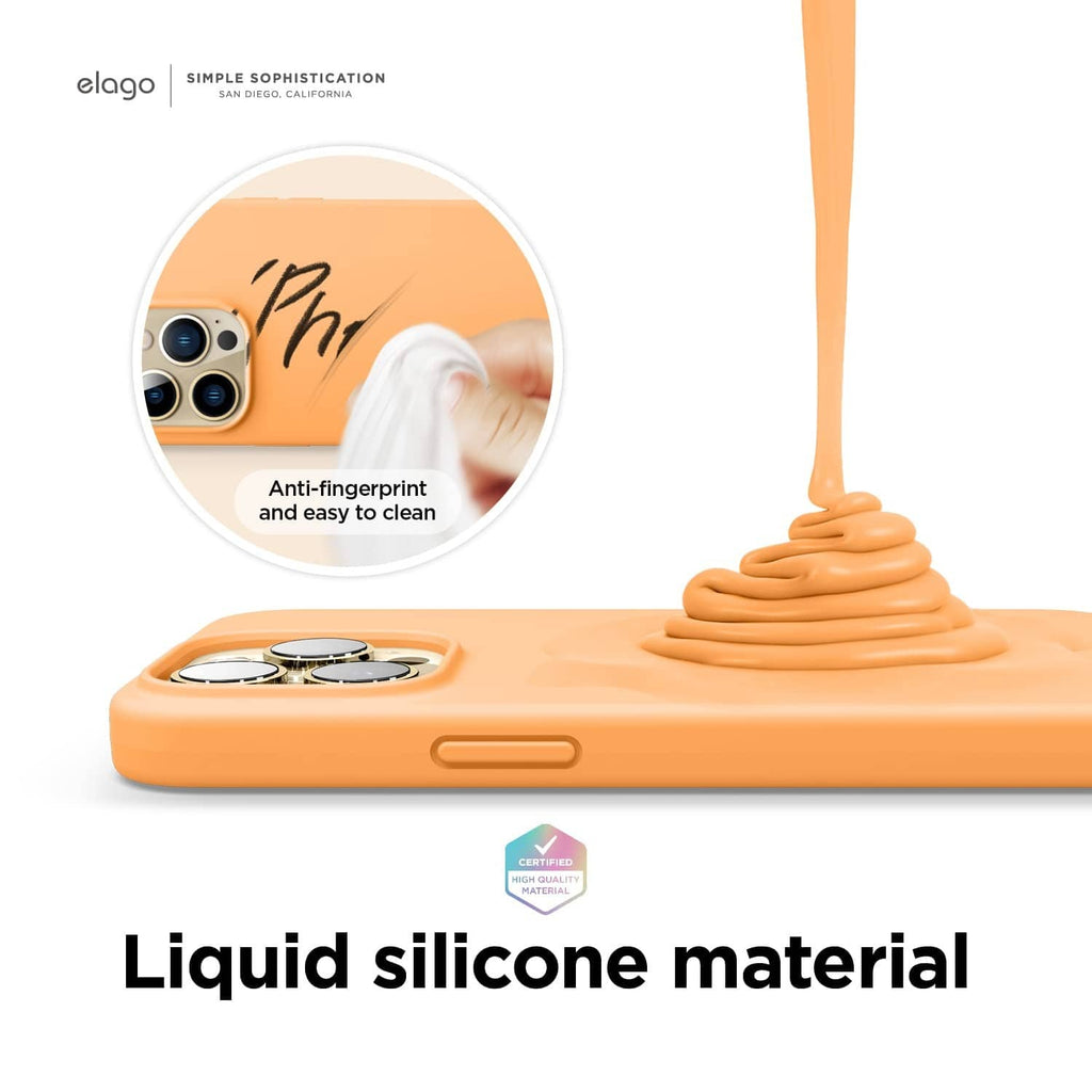 Orange silicone iPhone case with anti-fingerprint finish and camera lens cutout