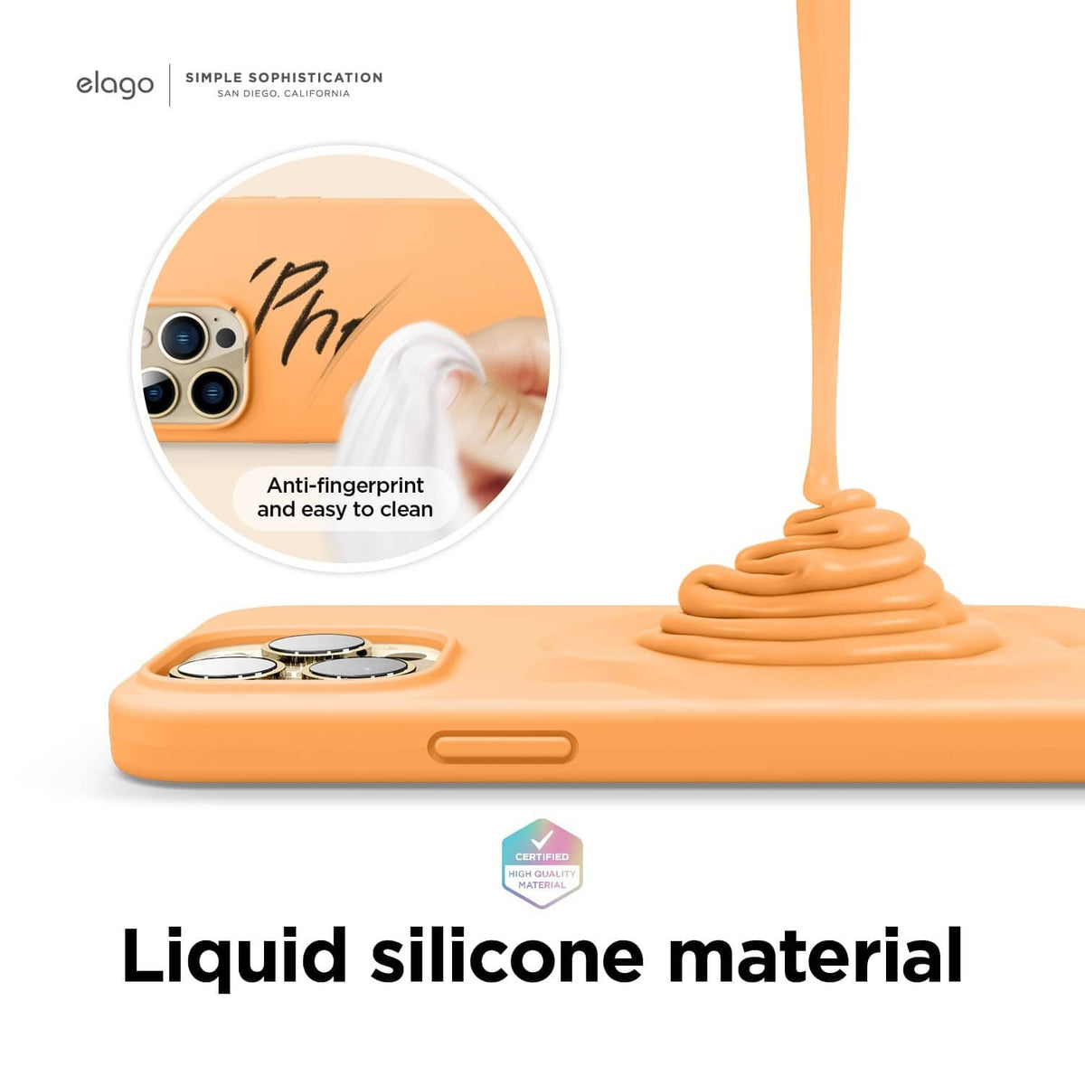 Orange silicone iPhone case with anti-fingerprint finish and camera lens cutout