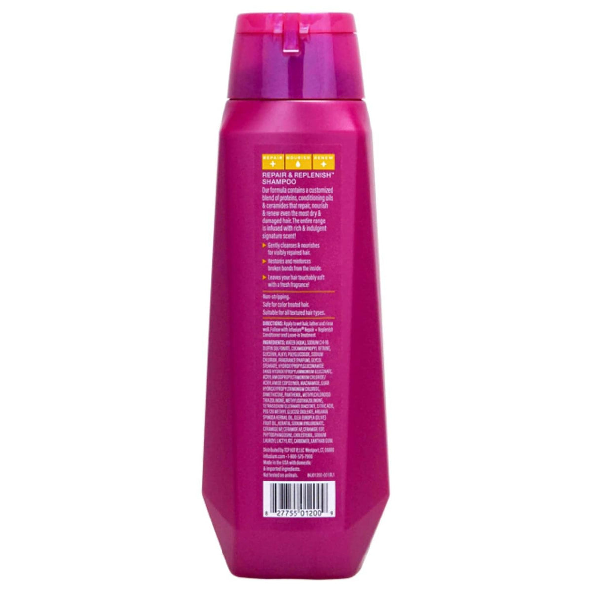 Pink nourishing shampoo bottle with back label and barcode, flip-top cap