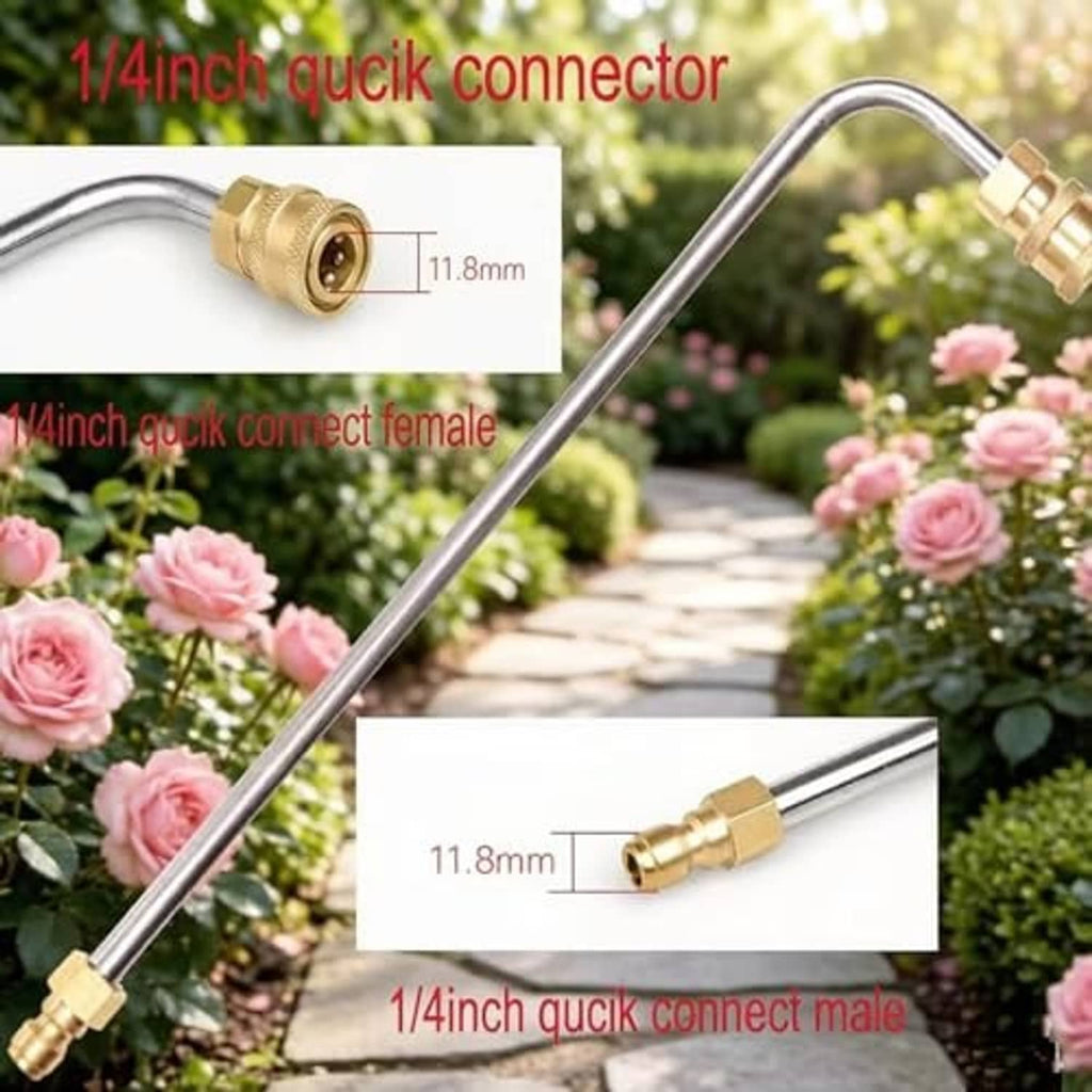 Curved stainless steel gutter cleaning extension wand with brass quick-connect fittings