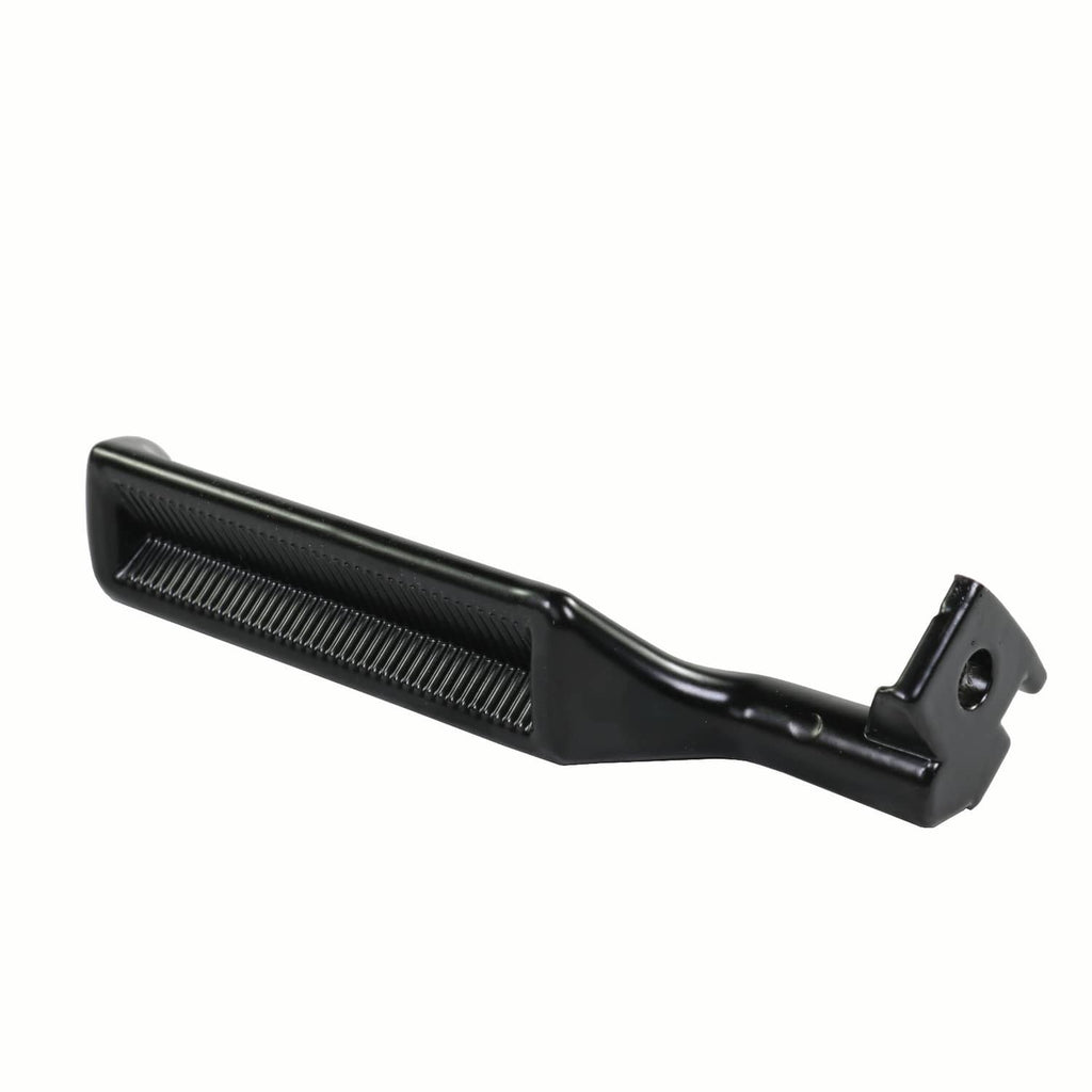 Black metal inside door handle with textured grip and side mount bracket