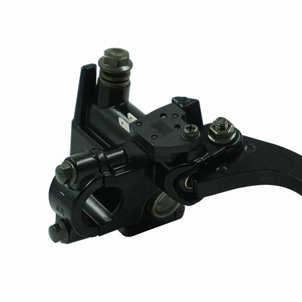 Black brake master cylinder lever assembly, close-up of clamp bracket and mounting bolts