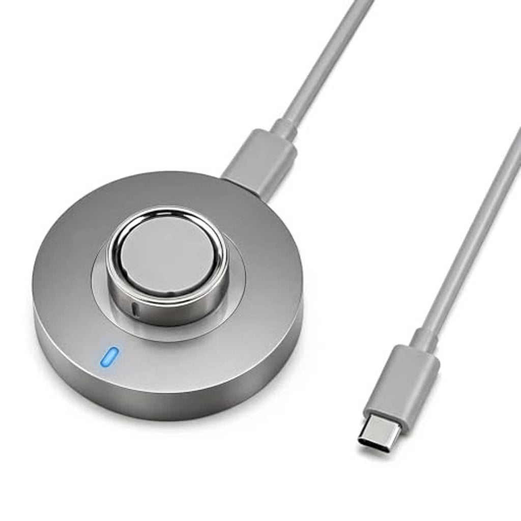 Smart ring charging dock with blue LED light and USB-C cable, gray base