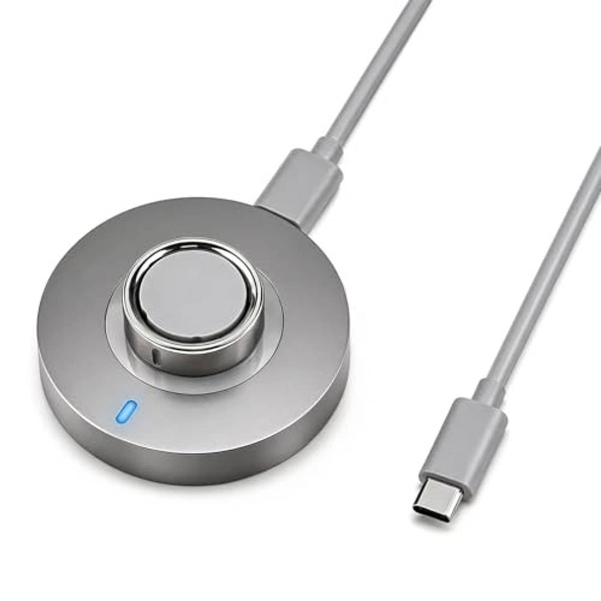 Smart ring charging dock with blue LED light and USB-C cable, gray base