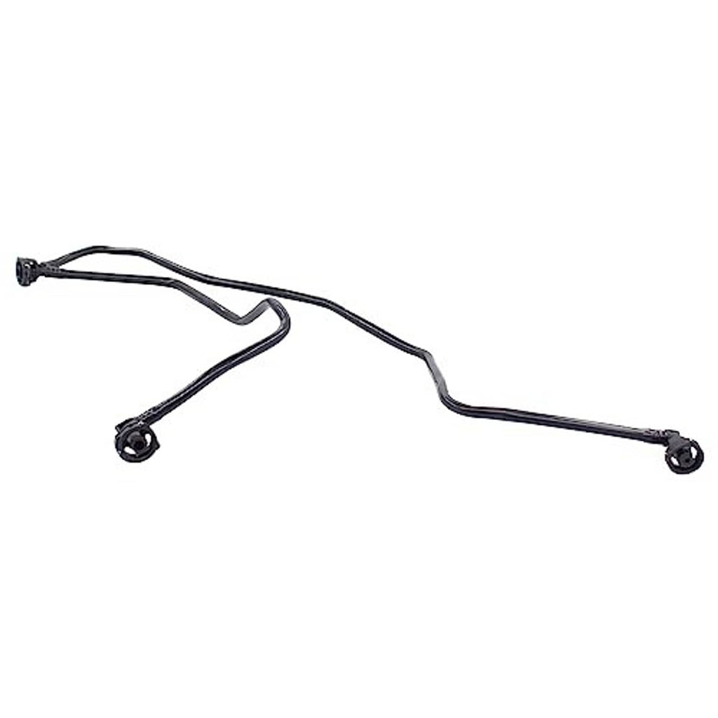 Curved black coolant overflow hose with mounting clips at both ends.