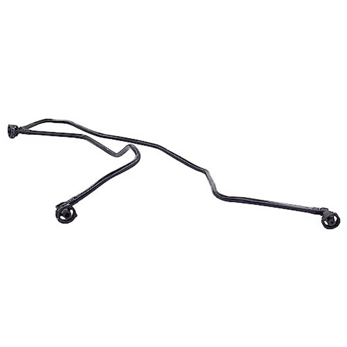 Curved black coolant overflow hose with mounting clips at both ends.