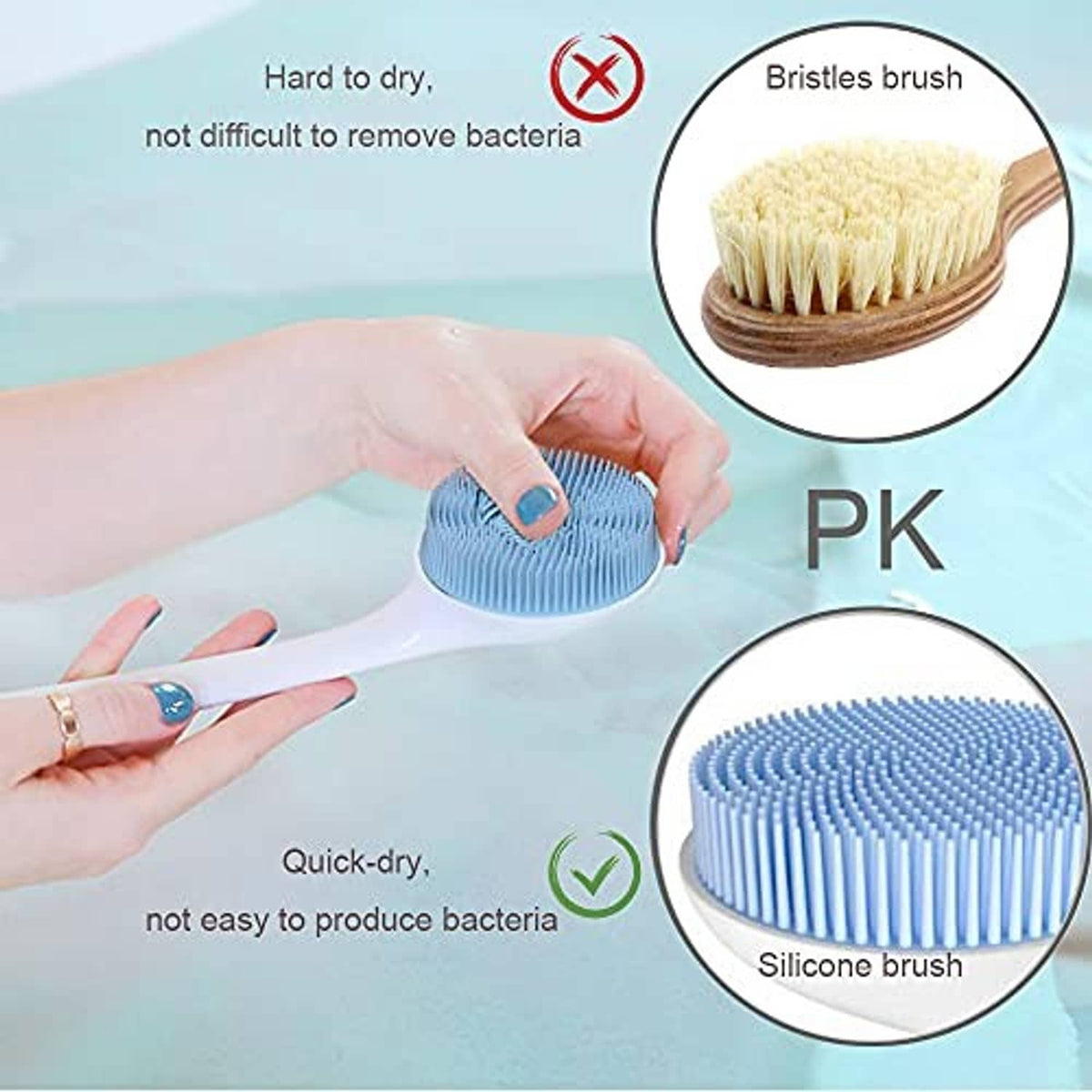 Silicone shower brush with blue bristle pad and white long handle.