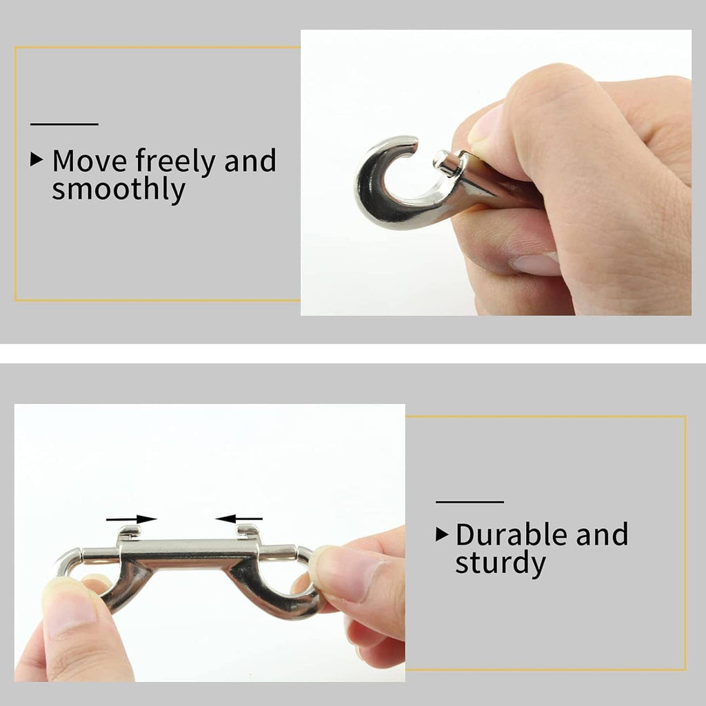 Hand holding a silver double-ended bolt snap hook with two open loops