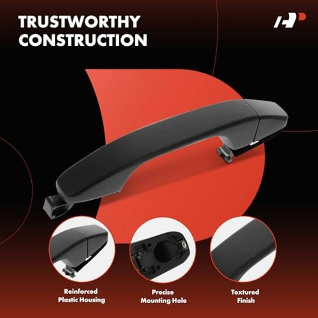 Black metal exterior door handle with curved lever and visible mounting area
