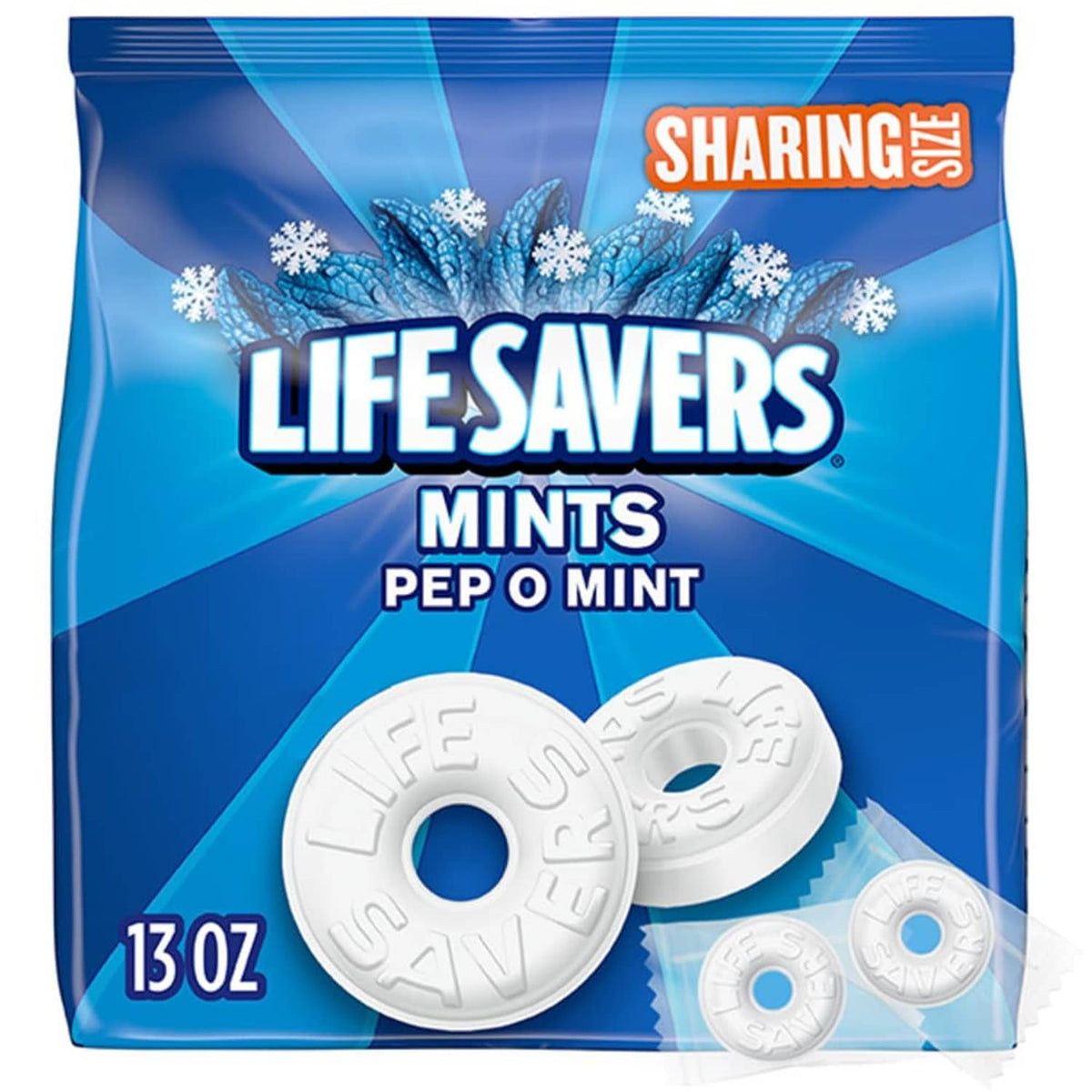 Lifesavers Pep O Mint mints bag front, “Sharing Size,” with white round mint discs
