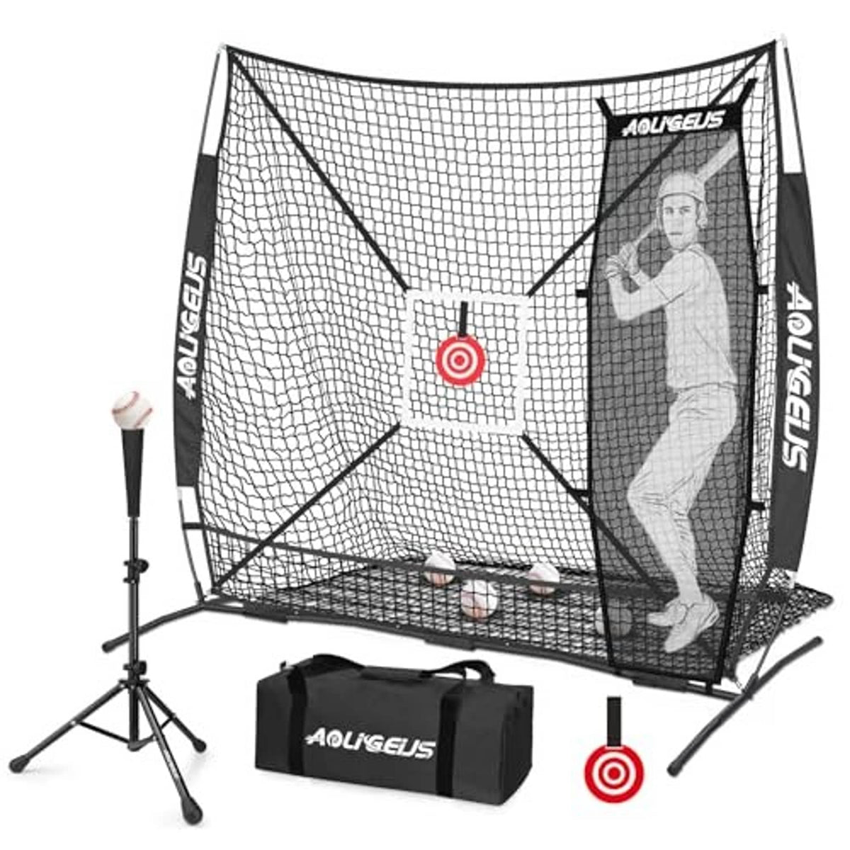 Baseball pitching practice net with black frame, white mesh, target, and setup poles