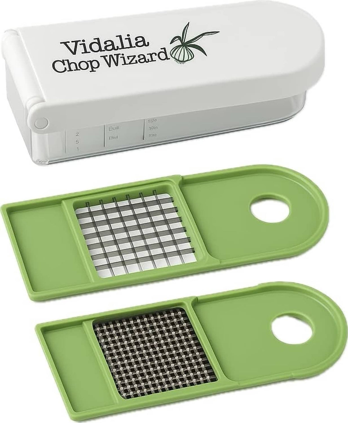 Green vegetable chopper base with two grating blade inserts and clear top section