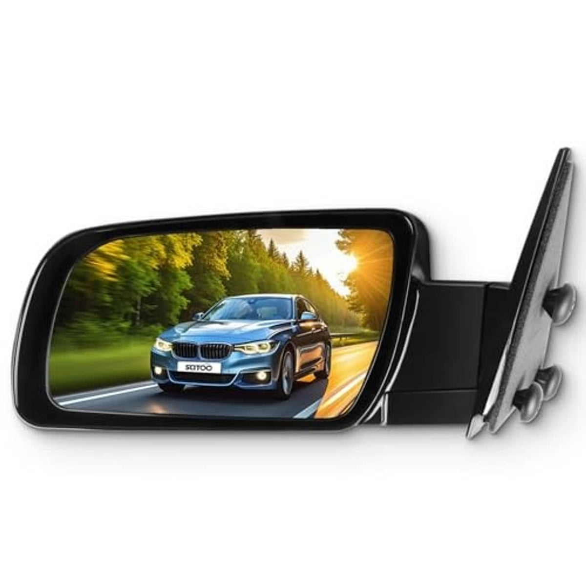Replacement driver-side mirror assembly with black frame and clear mirror lens