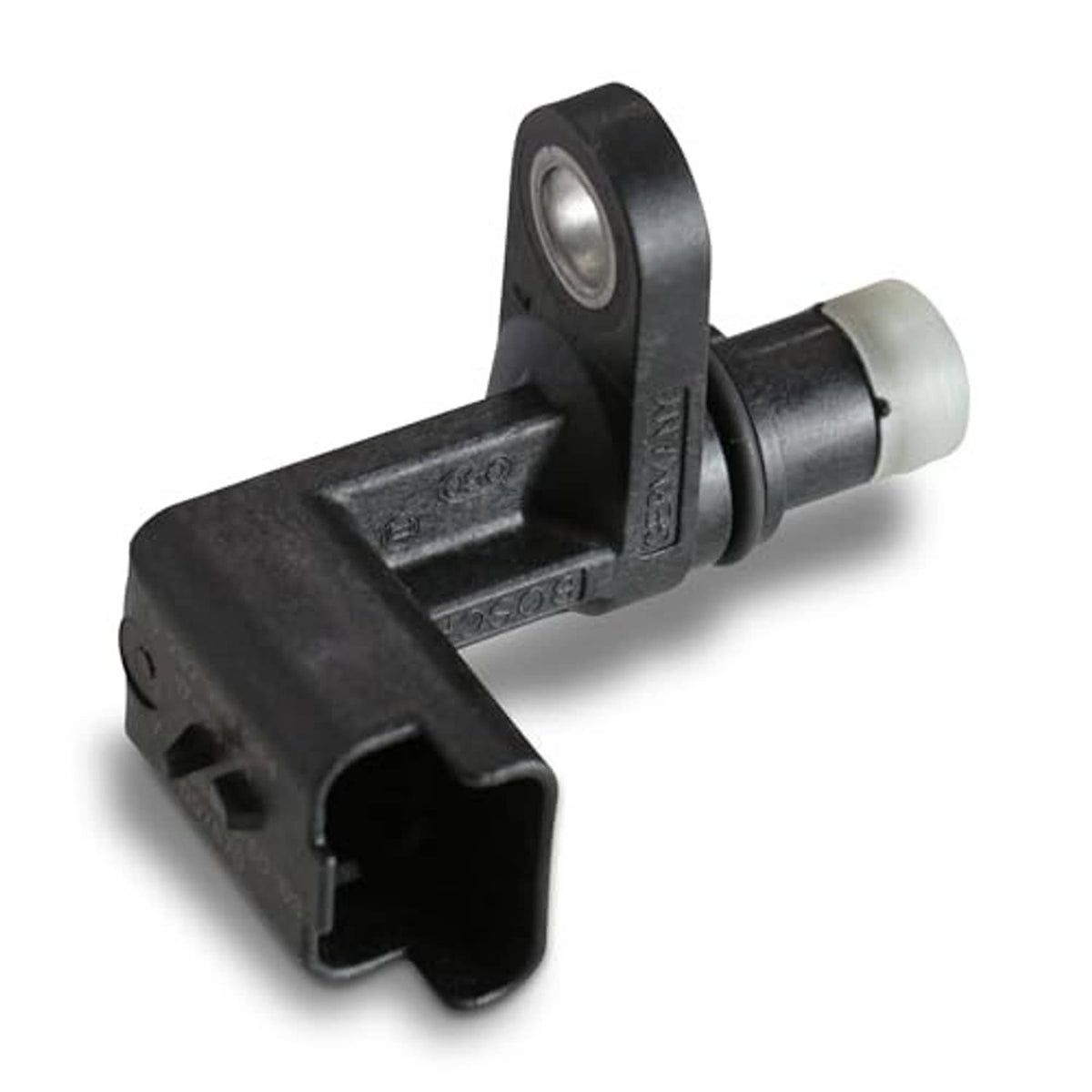 Black camshaft position sensor with connector opening and white plastic sleeve