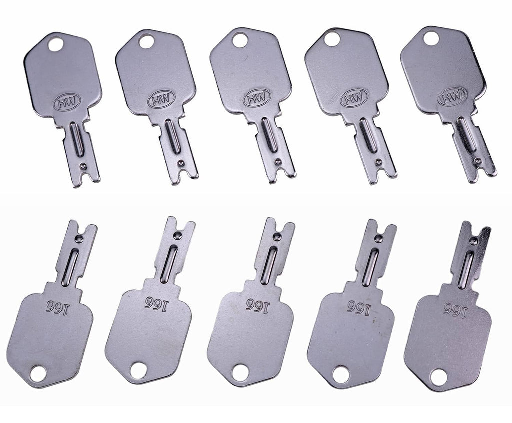 Silver forklift key blanks, five keys on top and five below, numbered heads
