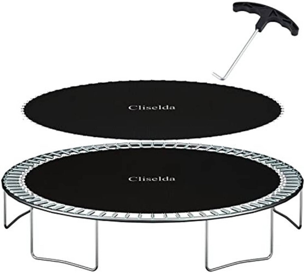 Black round trampoline replacement mat with white patterned spring-guard edge on frame