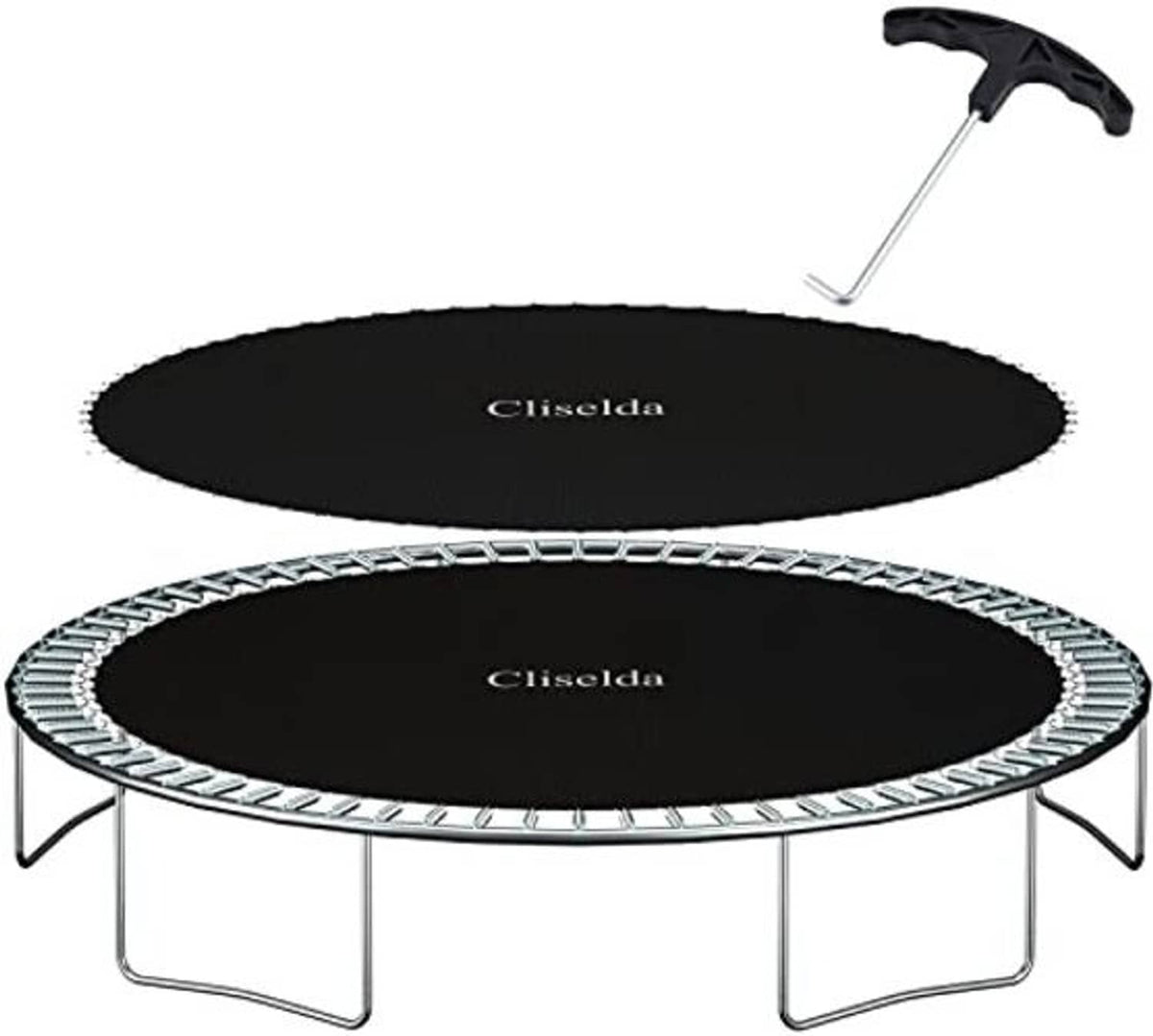 Black round trampoline replacement mat with white patterned spring-guard edge on frame